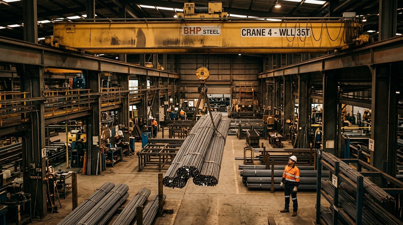 Overhead industrial crane lifting bundles of reinforcing steel rebar