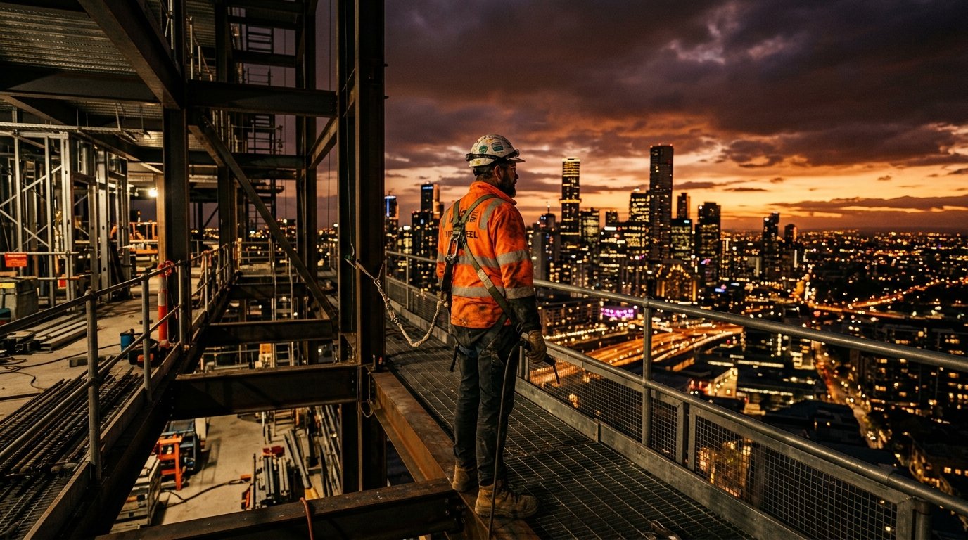 First Nation Steel worker overlooking Sydney skyline at dusk