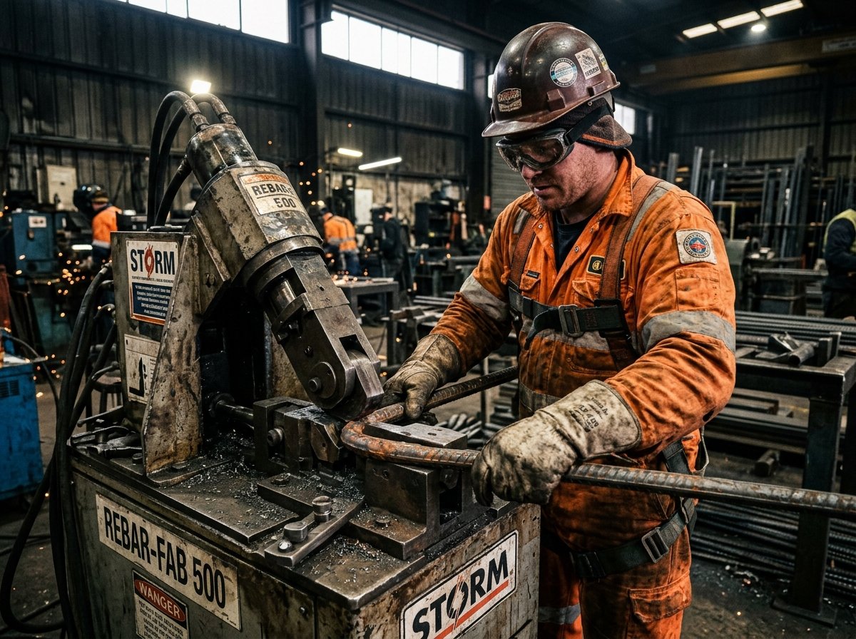 Steel worker operating industrial rebar bending machine