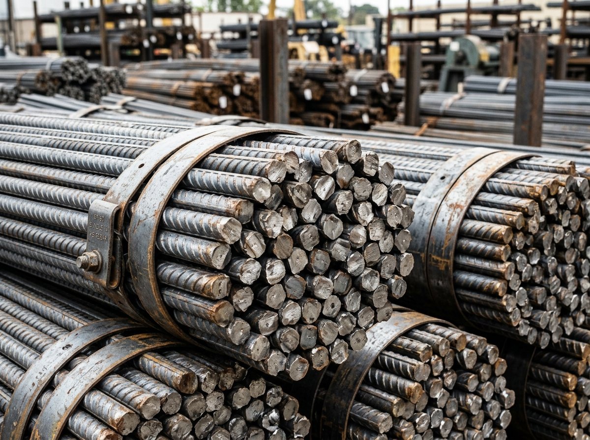 Bundles of ribbed steel reinforcement bars neatly strapped