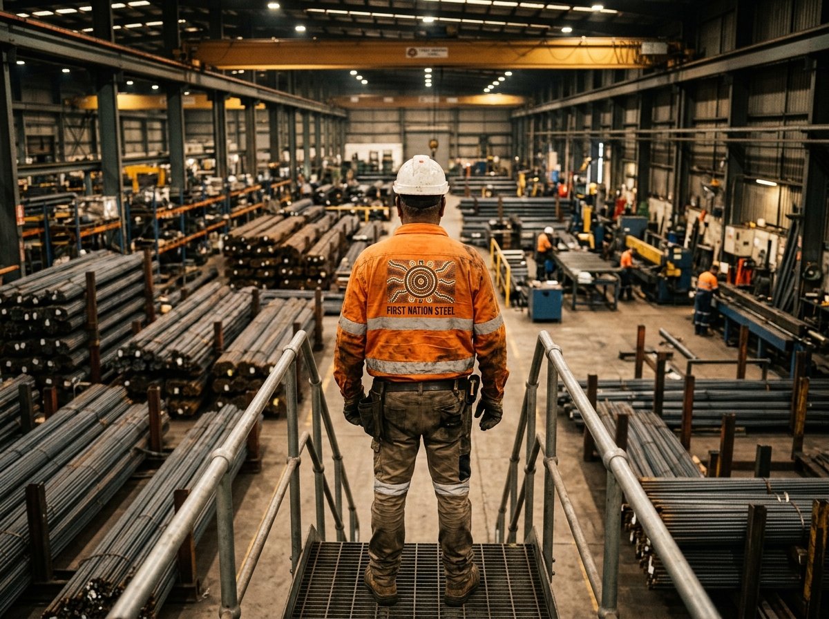 First Nation Steel worker overlooking modern industrial steel processing factory