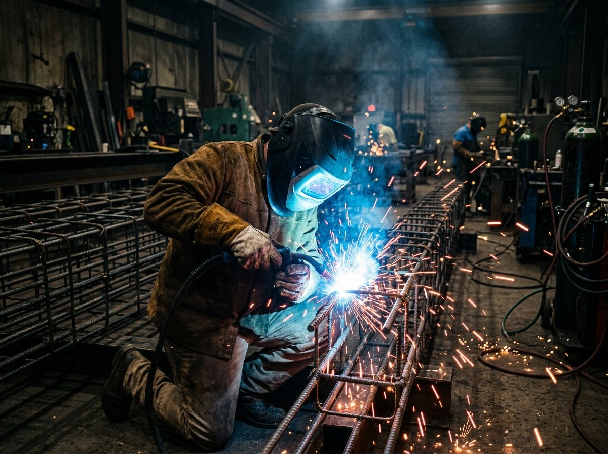 Welder fabricating reinforcing steel cages with glowing sparks